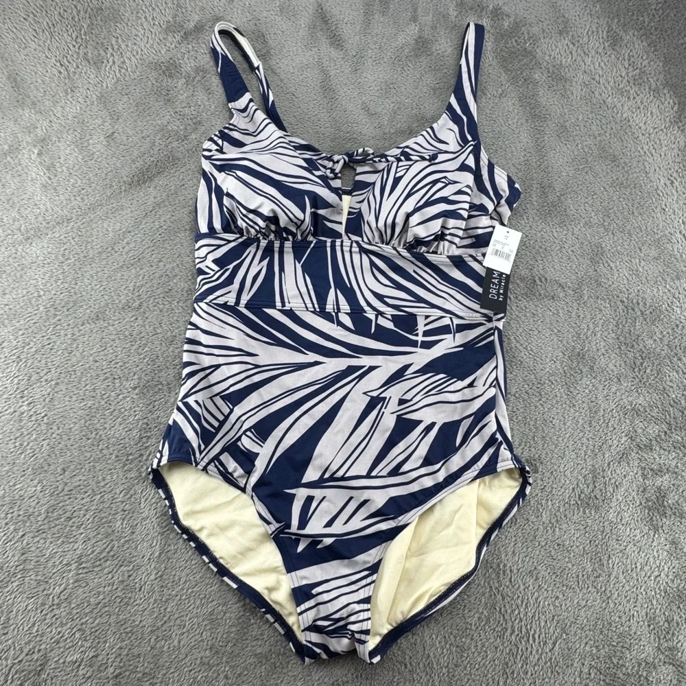 Dream‎ by Miracle One Piece Swimsuit Women 10 Blue White NEW Palm Leaf 674229